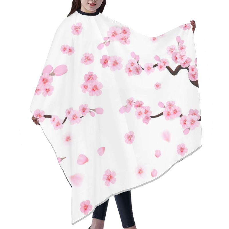 Personality  Pink Cherry Blossom With Falling Leaves. Isolated On White Background. Spring Composition With Sakura. Vector Illustration Hair Cutting Cape