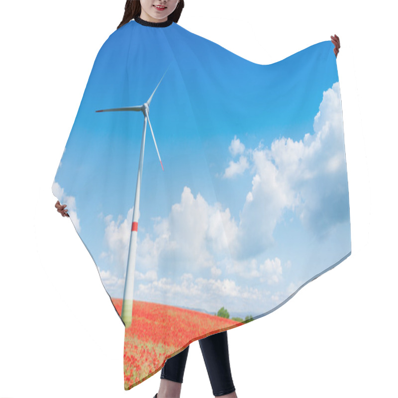 Personality  Wind Turbine In Poppy Flowers Field Hair Cutting Cape