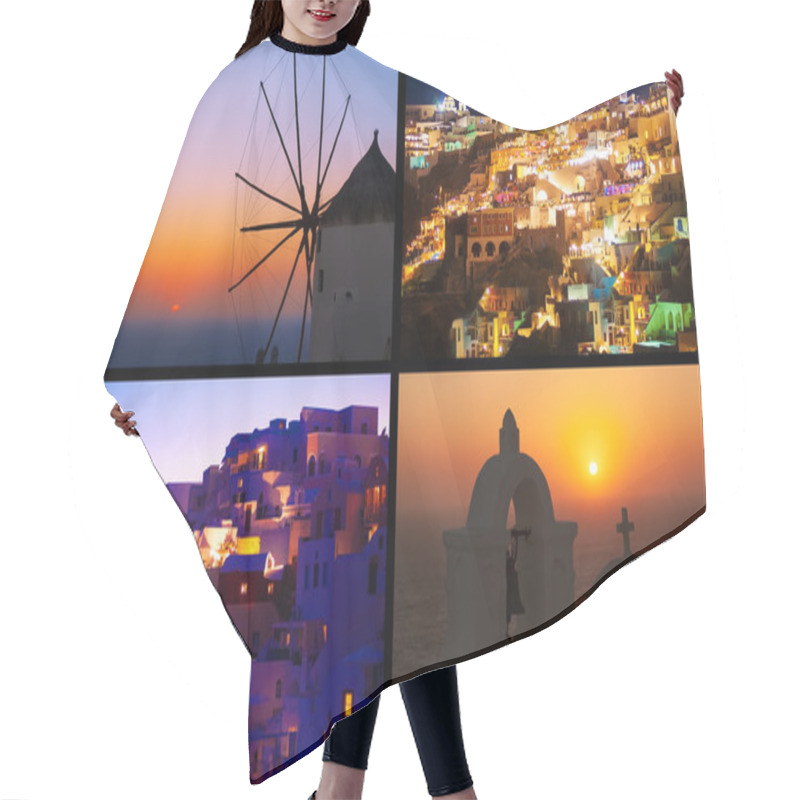 Personality  Night Lights And Magic Sunset In Greece, Oia. Collage. Hair Cutting Cape