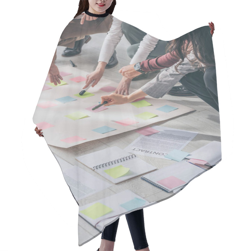 Personality  Cropped View Of Scrum Masters Pointing With Fingers At Floor With Sticky Notes Near Documents  Hair Cutting Cape