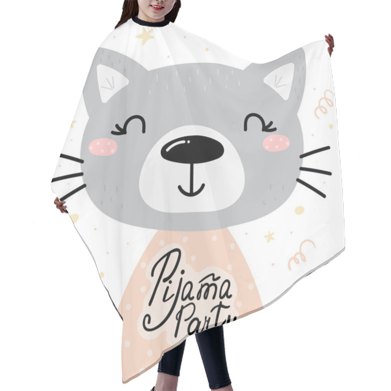 Personality  Cute Pijama Party Card With Hand Drawn Cat. Vector Print. Hair Cutting Cape