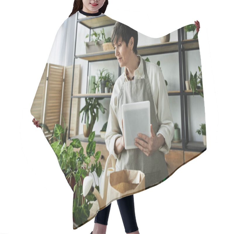 Personality  A Woman Tends To Her Beloved Plants While Enjoying Her Creative Space. Hair Cutting Cape