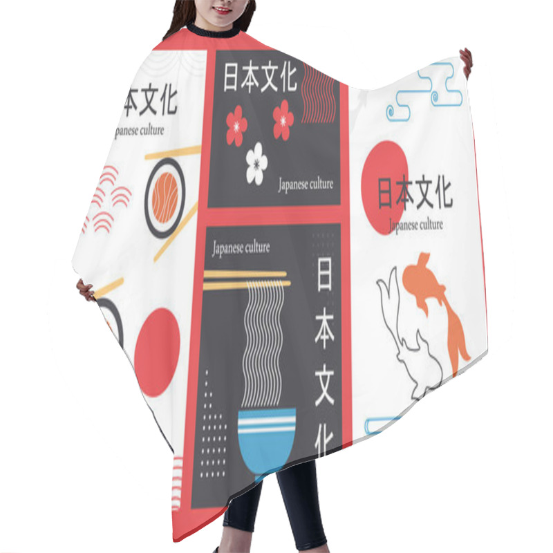 Personality  Japanese Culture Posters Set. East Asian Creativity And Art. Template For Leaflet And Flyers, Booklet. Rolls And Sushi, Ramen. Cartoon Flat Vector Collection Isolated On Red Background Hair Cutting Cape