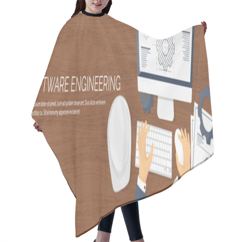 Personality  Vector Illustration. Engineering And Architecture. Computer. Drawing, Construction.  Architectural Project. Design, Sketching. Workspace With Tools. Planning, Building. Wooden Background. Hair Cutting Cape