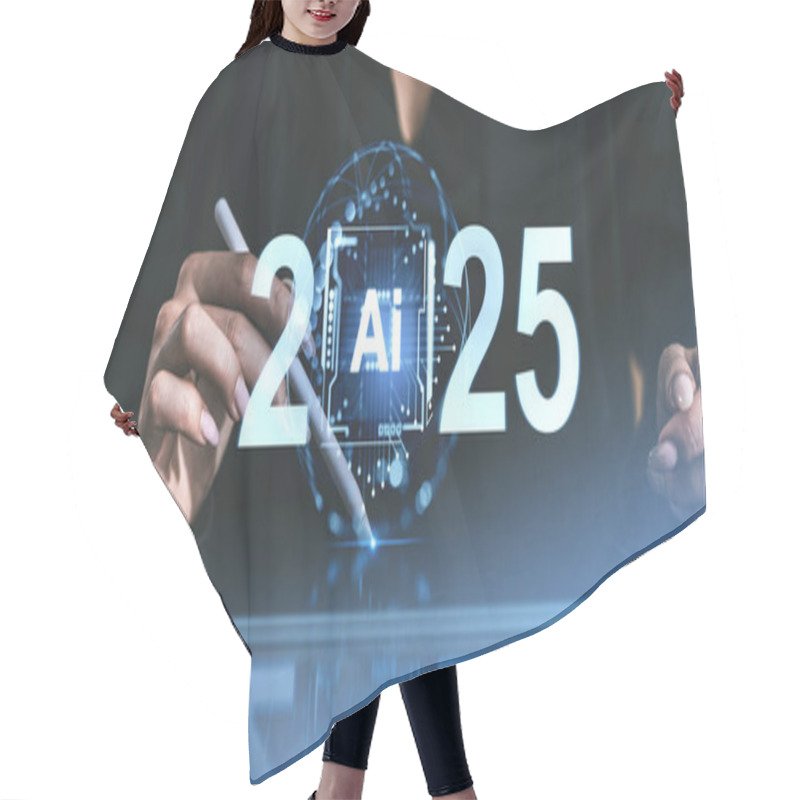 Personality  A Person Interacts With A Digital Tablet Featuring The Year 2025 And AI Technology, On A Dark Background. Concept Of Future Technology Hair Cutting Cape