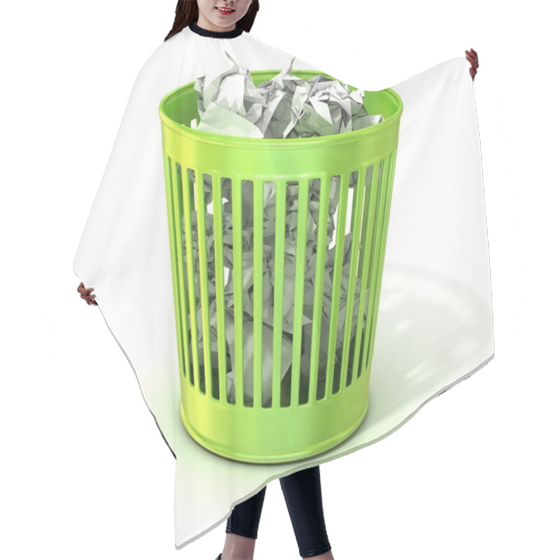 Personality  Green Trash Bin, Full Of Crumpled Paper. Isolated On White Background Hair Cutting Cape