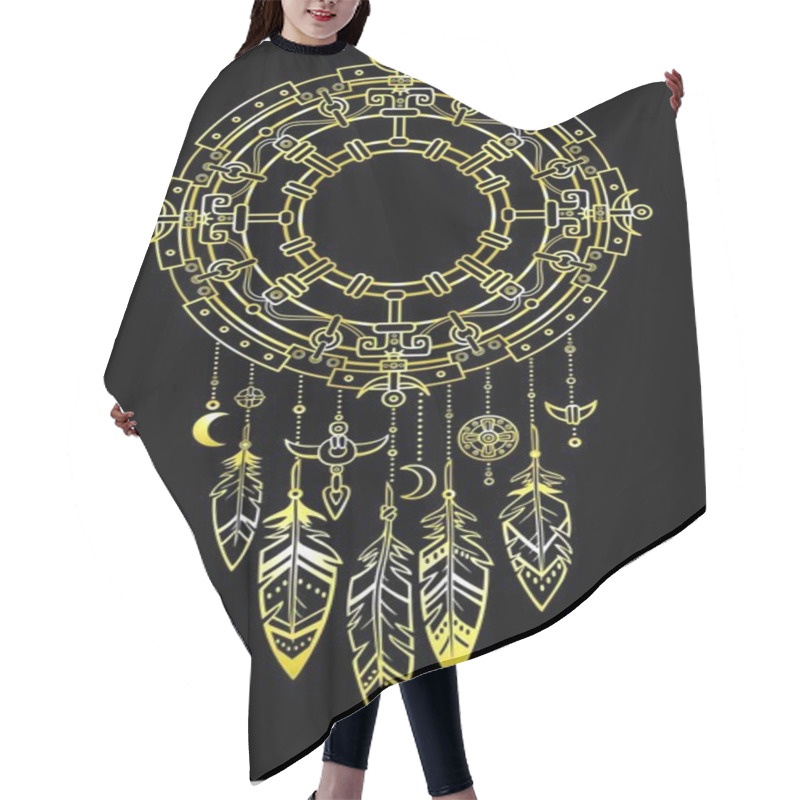 Personality  Decorative Mystical Circle With A Beads And Ethnic Jewelry. Linear Drawing, The Isolated Contour On A Black Background. Gold Imitation. Vector Illustration. Hair Cutting Cape