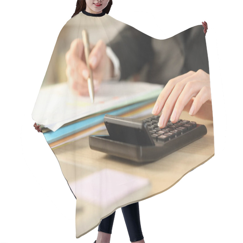 Personality  Close Up Of Bookkeepper Woman Hands Calculating With Calculator Checking Document At Home Hair Cutting Cape