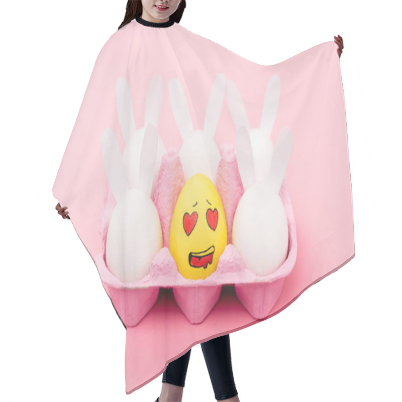 Personality  Decorative Rabbits And Yellow Egg With Enamored Facial Expression On Pink, Easter Concept Hair Cutting Cape