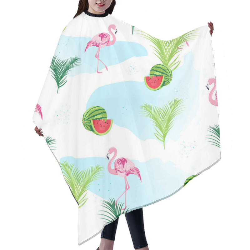 Personality  Tropical Seamless Pattern. Beach With Flamingo, Watermelon And Palm Trees. Prints, Packaging Design, Bedding, Clothing And Wallpaper. Hair Cutting Cape