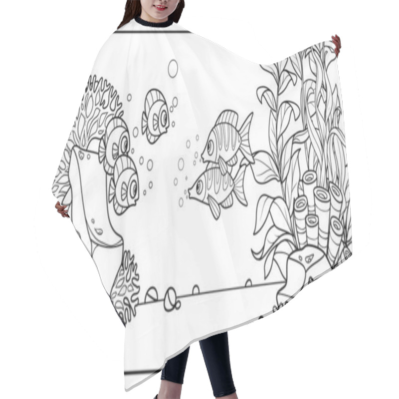 Personality  Sea Fishes On The Background Of The Seabed With Stones, Anemones And Algae Linear Drawing For Coloring On A White Background  Hair Cutting Cape