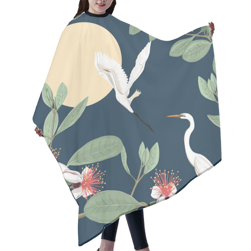 Personality  Seamless Pattern, Background With Floral Pattern With Feijoa Blooming Flowers And Herons. Vector Illustration Without Gradients And Transparency.  On Dark Blue Background. Hair Cutting Cape