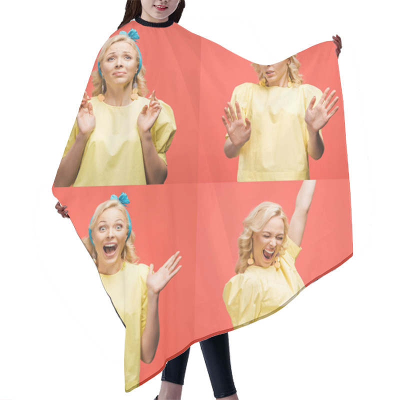 Personality  Collage Of Blonde Beautiful Young Woman In Retro Outfit Showing Various Emotions And Gestures Isolated On Red Hair Cutting Cape