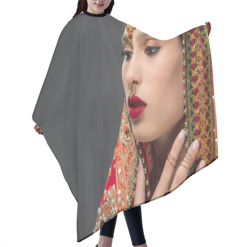 Personality  Attractive Indian Woman Posing In Traditional Sari, Isolated On Grey  Hair Cutting Cape