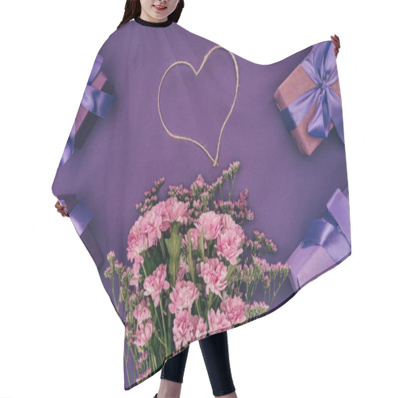 Personality  Bouquet Of Beautiful Pink Flowers, Heart-shaped Rope And Gift Boxes On Violet Hair Cutting Cape