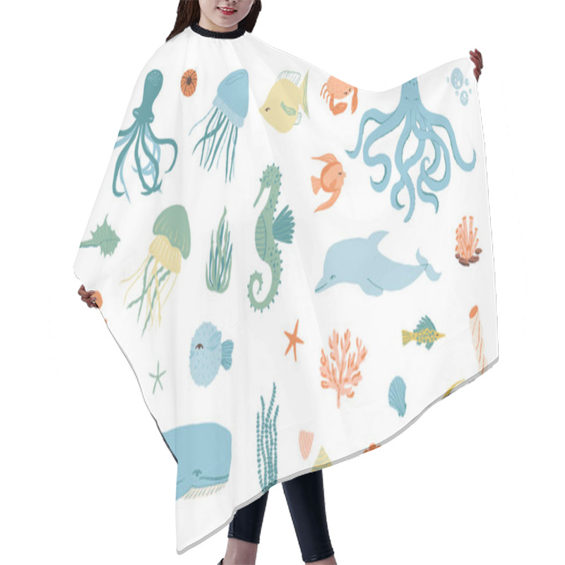 Personality  Underwater Creatures, Sea, Ocean Inhabitants Set. Dolphin, Whale, Octopus, Seahorse, Fishes, Jelly Fishes, Crab, Shells. Hair Cutting Cape