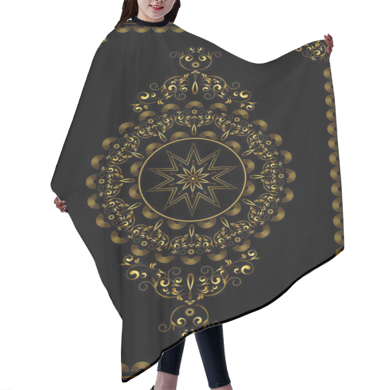 Personality  Vintage Luxury Gold Frame With Gold Swirls Of Ornament, Beads And A Radiant Star In The Center On A Black Backgroun Hair Cutting Cape