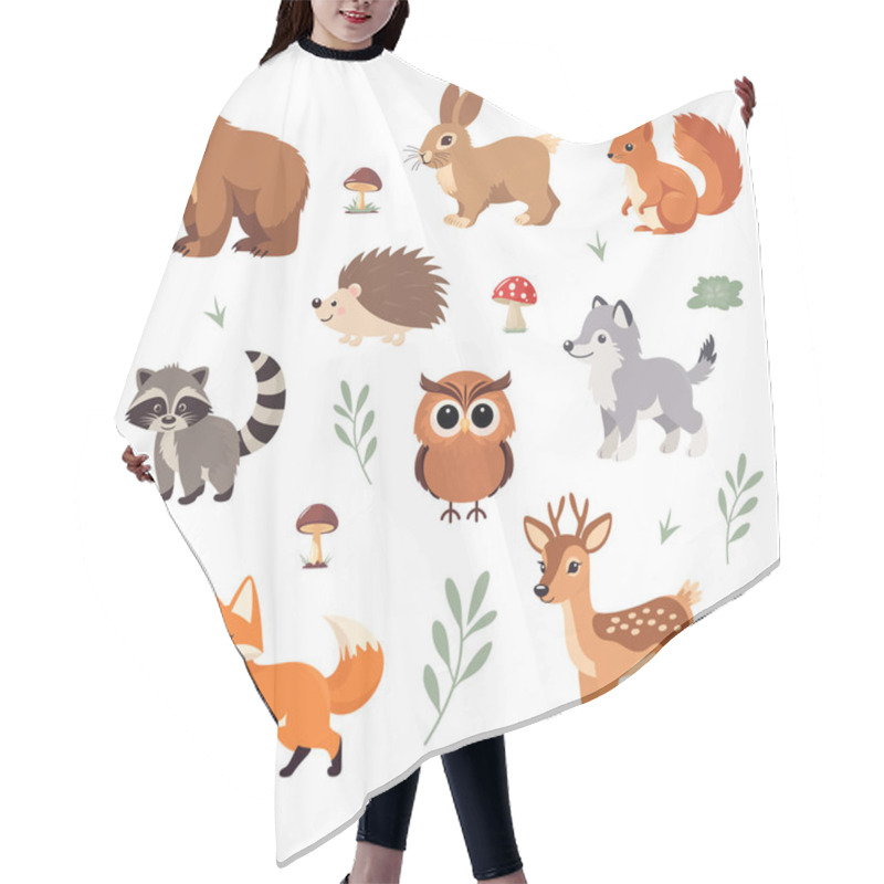 Personality  Flat Vector Cute Wild Animals Set - Grizzly Bear, Hare Or Rabbit, Squirrel, Raccoon, Hedgehog, Wolf, Owl, Fox, Deer. Forest Cartoon Aanimals. Woodland Animal Collection. Hair Cutting Cape