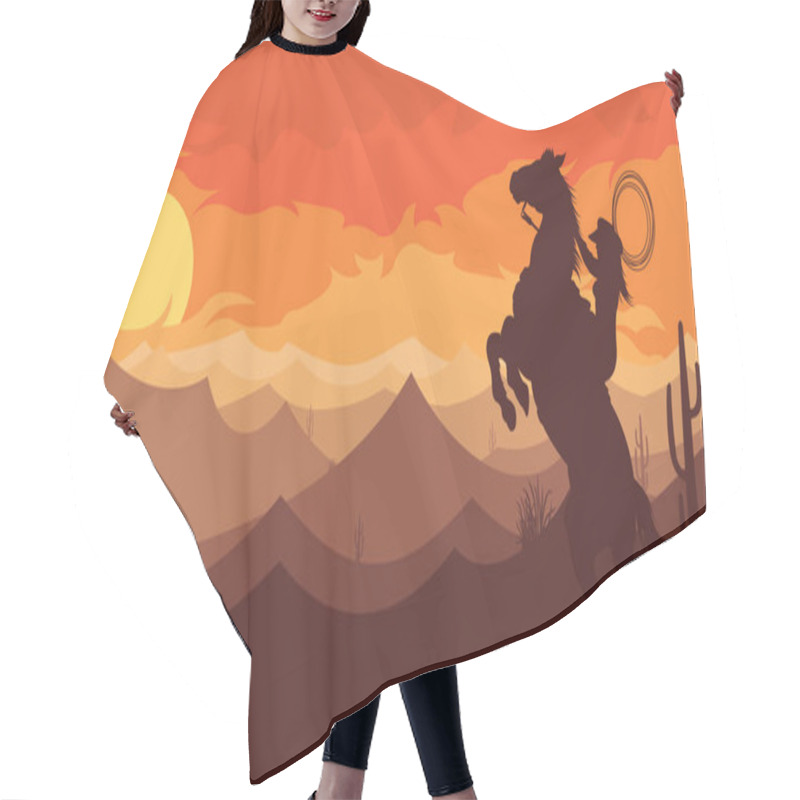 Personality  Flat Western Background, Landscape Cowboys In Desert Horse And Girl Silhouette Hair Cutting Cape