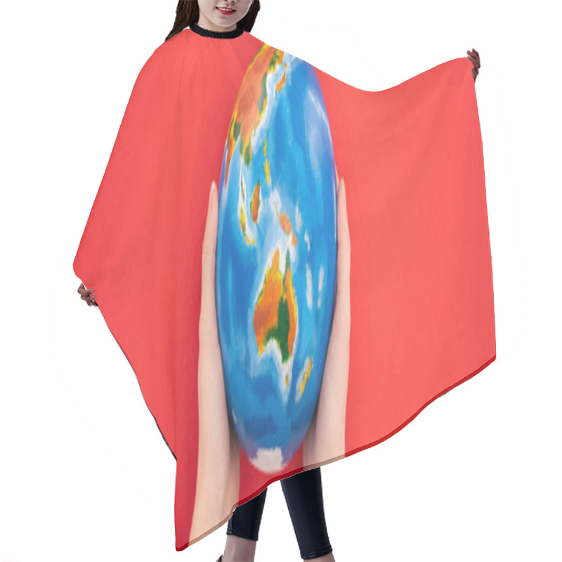 Personality  Panoramic View Of Woman Holding Globe Isolated On Red, Global Warming Concept Hair Cutting Cape