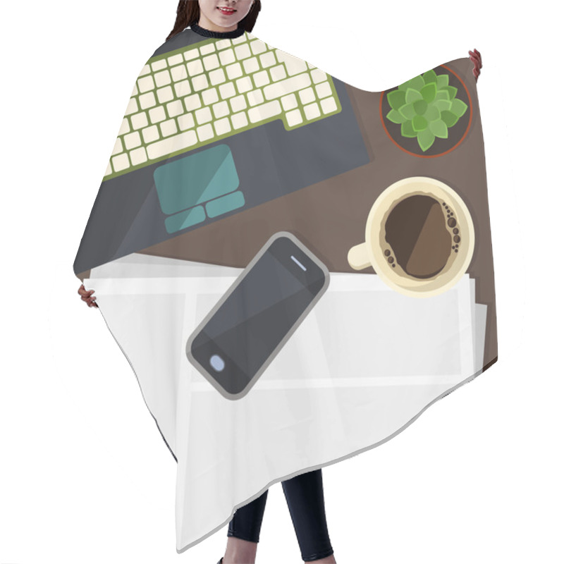 Personality  Part Of Keyboard With Cell Phone, Chancellery And Plant In Flat  Hair Cutting Cape