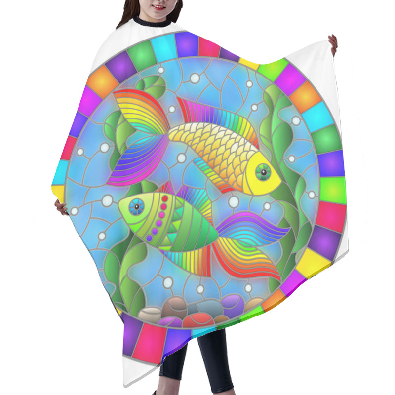 Personality  Illustration In Stained Glass Style With Bright Rainbow Fish On The Background Of Water, Bottom And Algae, Oval Image In Bright Frame Hair Cutting Cape