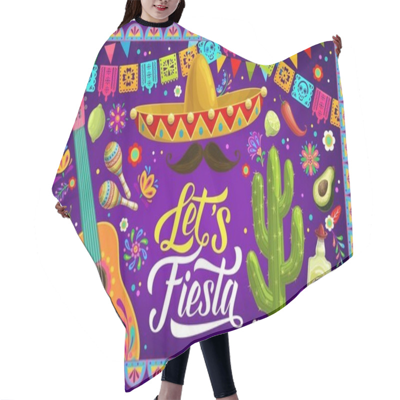 Personality  Mexican Fiesta Party Banner Or Flyer With Sombrero, Guitar And Papel Picado Flags, Vector Background. Mexico Holiday Festival Tequila, Avocado, Cactus With Maracas And Mustaches In Papel Picado Frame Hair Cutting Cape