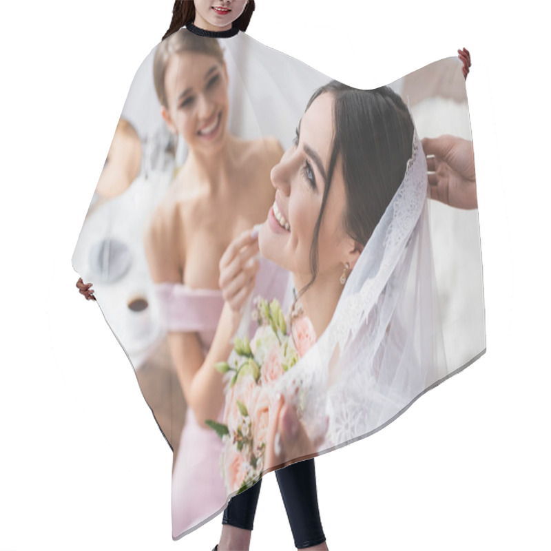 Personality  Happy Woman With Wedding Bouquet Near Bridesmaids Fixing Her Veil Hair Cutting Cape