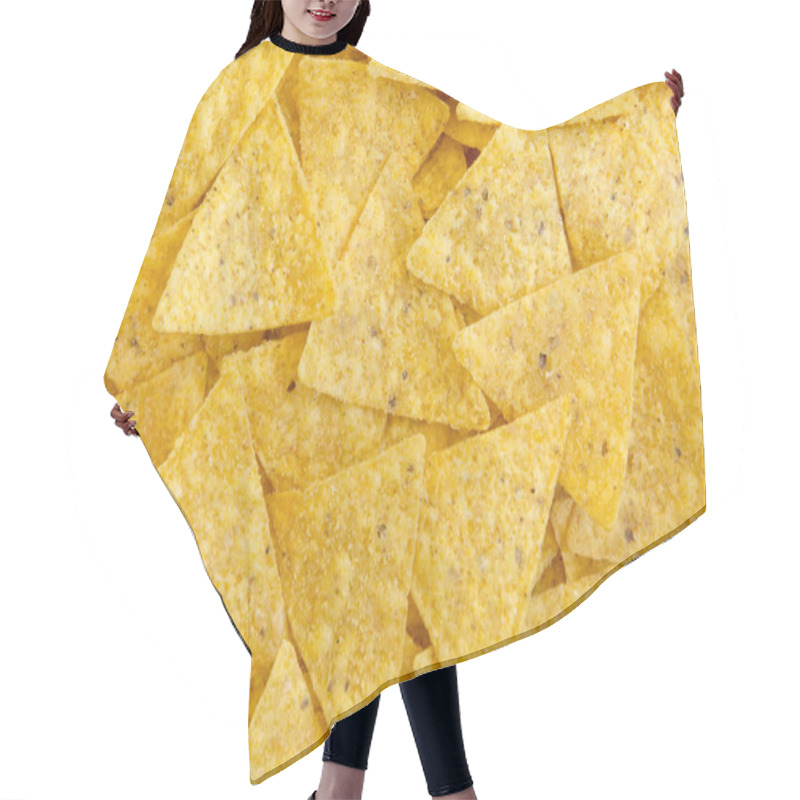 Personality  Tortilla Chips, Close-up. Mexican Food. Top View, Flat Lay, Overhead. Hair Cutting Cape