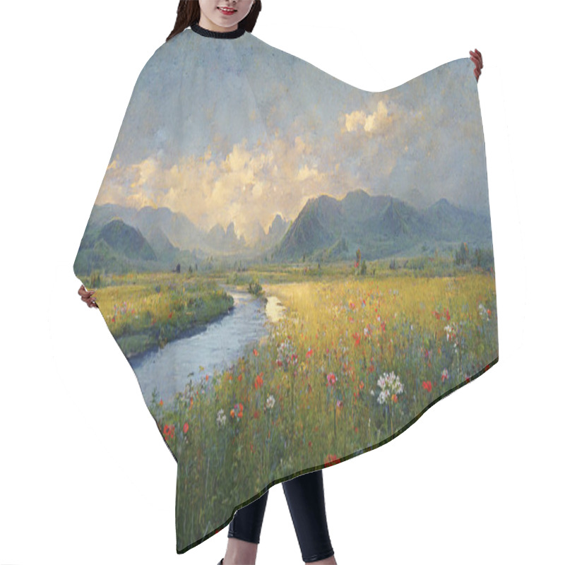 Personality  A Wonderful Natural Landscape With A Wildflower Meadow, River And Mountains In The Background. Calm Evening Light. Idyllic Wildlife Background. Digital Art. Hair Cutting Cape