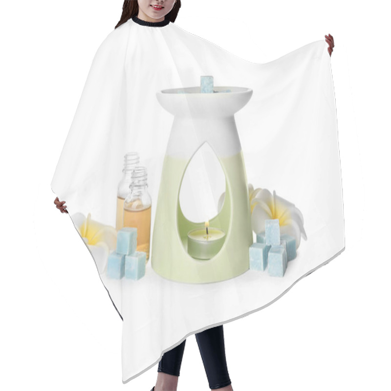 Personality  Stylish Aroma Lamp With Essential Wax Cubes, Oil And Flowers On White Background Hair Cutting Cape