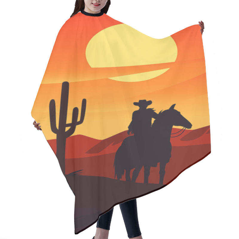 Personality  Wild West Sunset Scene With Cowboy In Horse And Cactus Hair Cutting Cape