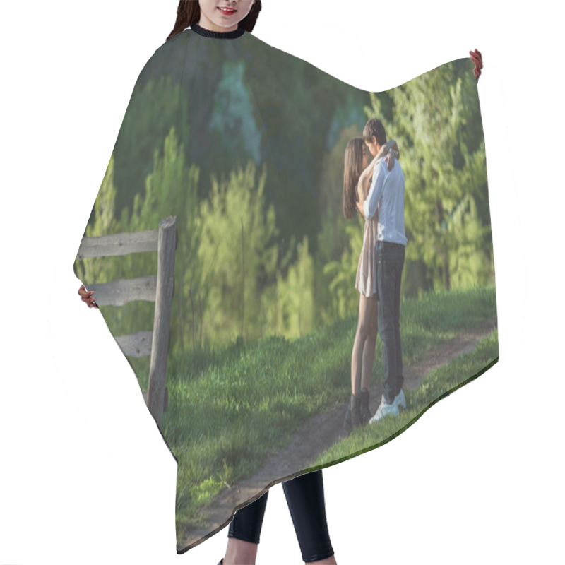 Personality  Beautiful Young Couple In Love Outdoors Hair Cutting Cape