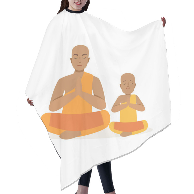 Personality  Buddhist Father And His Little Son Meditating In Lotus Position. Religious Family. Man And Boy In National Costumes. Cartoon People Characters. Flat Vector Design Hair Cutting Cape