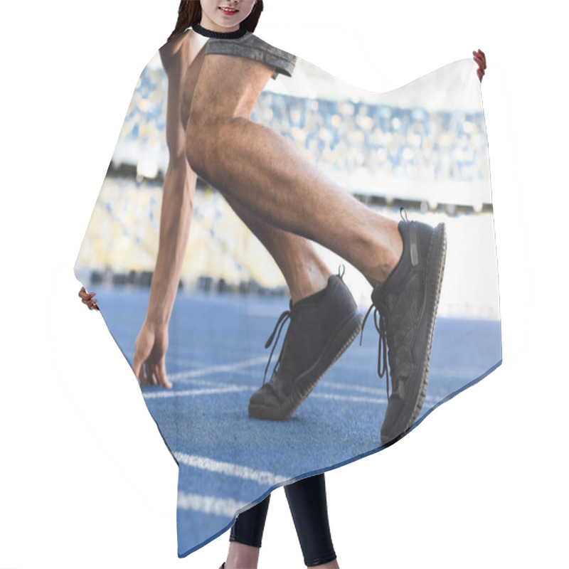 Personality  Cropped View Of Runner In Start Position On Running Track At Stadium Hair Cutting Cape