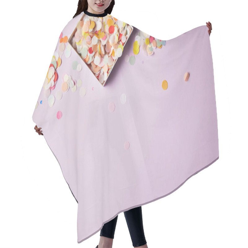 Personality  Top View Of Confetti Pieces In Paper Box And Violet Surface Hair Cutting Cape