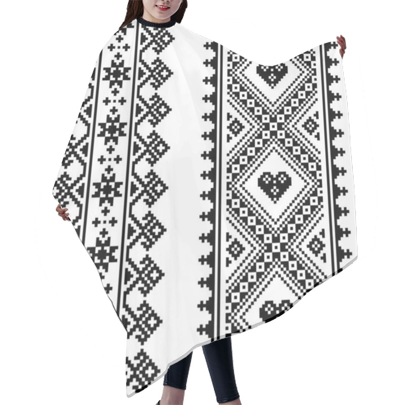 Personality  Traditional Ukrainian And Belarusian Folk Art Vector Pattern - Vertical Seamless Cross-stitch Design In Black And White. Ethnic Monochrome Repetitive Textile Background With Snowflakes, Hearts And Geometric Motifs  Hair Cutting Cape