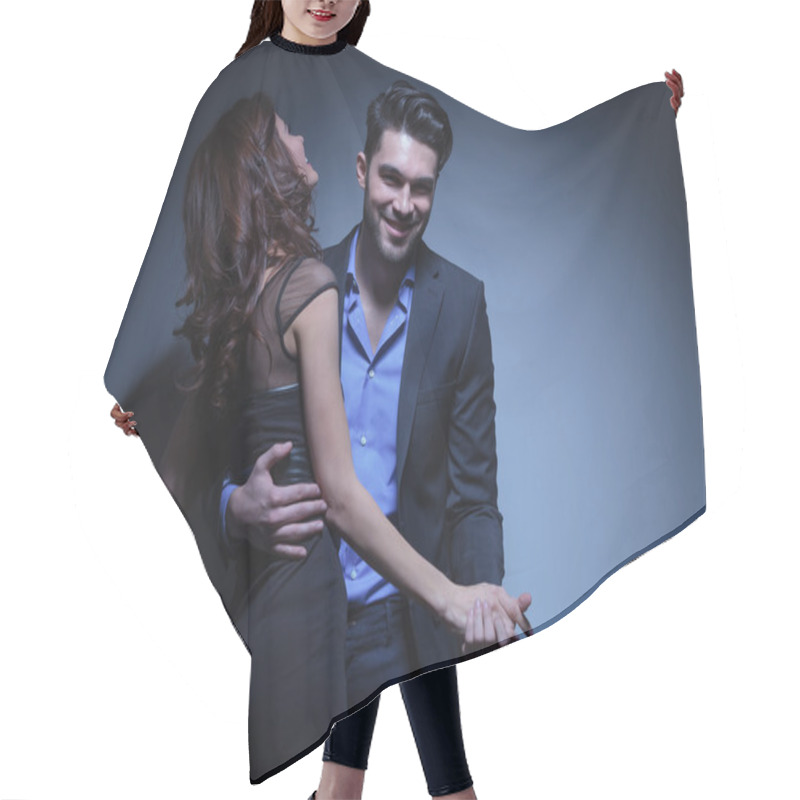 Personality  Young Couple Dances And Laughs Hair Cutting Cape