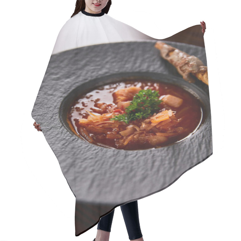 Personality  Traditional Ukrainian Borscht Garnished With Parsley In Black Plate Hair Cutting Cape