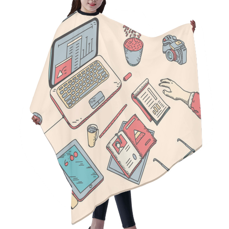 Personality  Top View Sketch Hand Drawn Office Or Fome Workplace Freelancer With Business Objects And Items Lying On A Desk Laptop, Digital Tablet, Mobile Phone, Documents Hair Cutting Cape