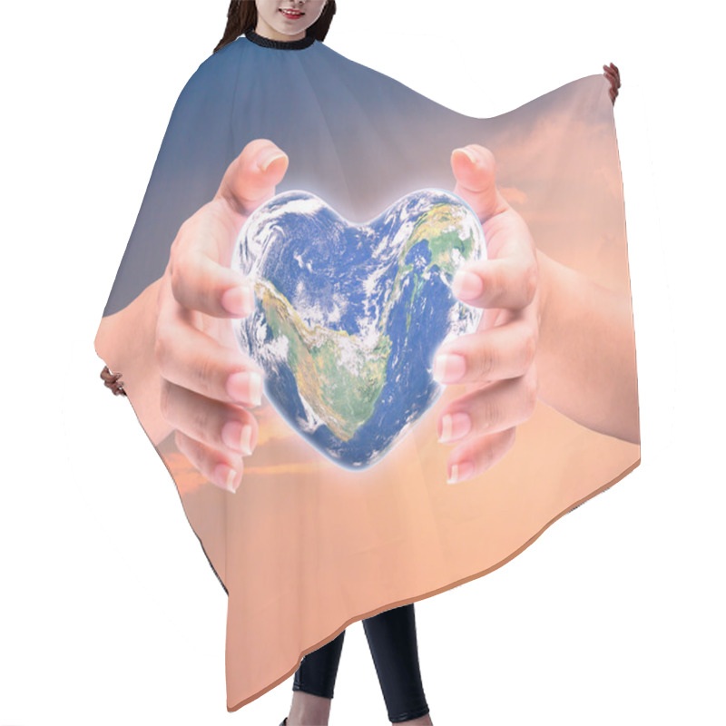 Personality  World In Heart Shape With Over Women Human Hands On Blurred Natu Hair Cutting Cape