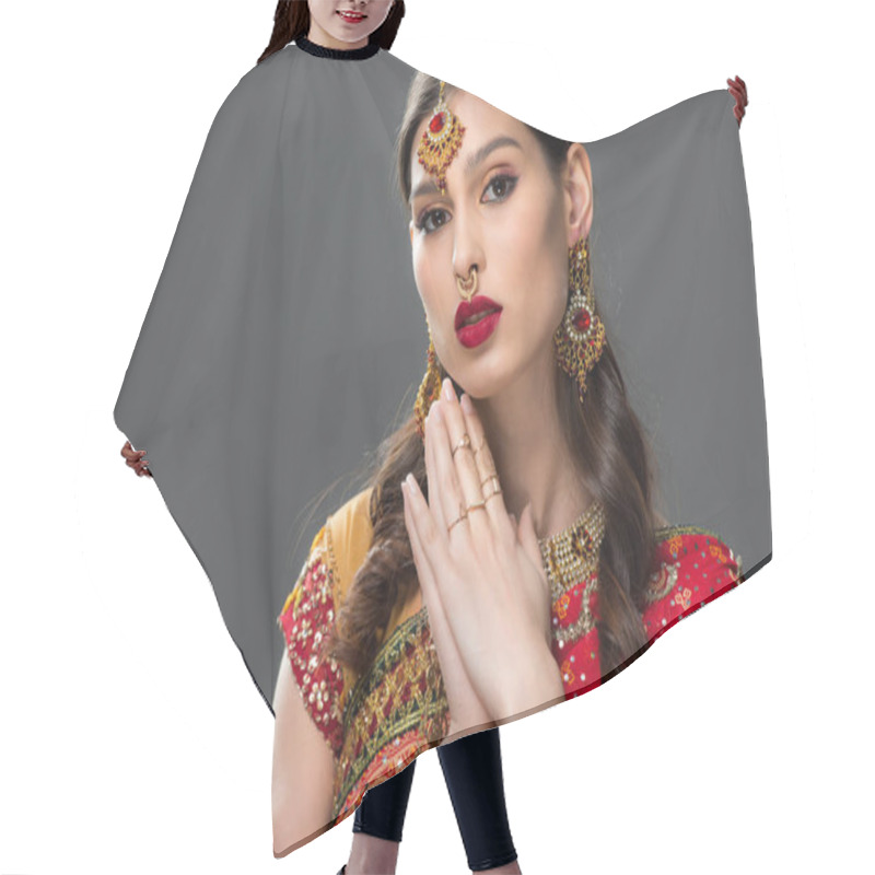 Personality  Attractive Indian Woman In Traditional Clothing And Accessories, Isolated On Grey  Hair Cutting Cape