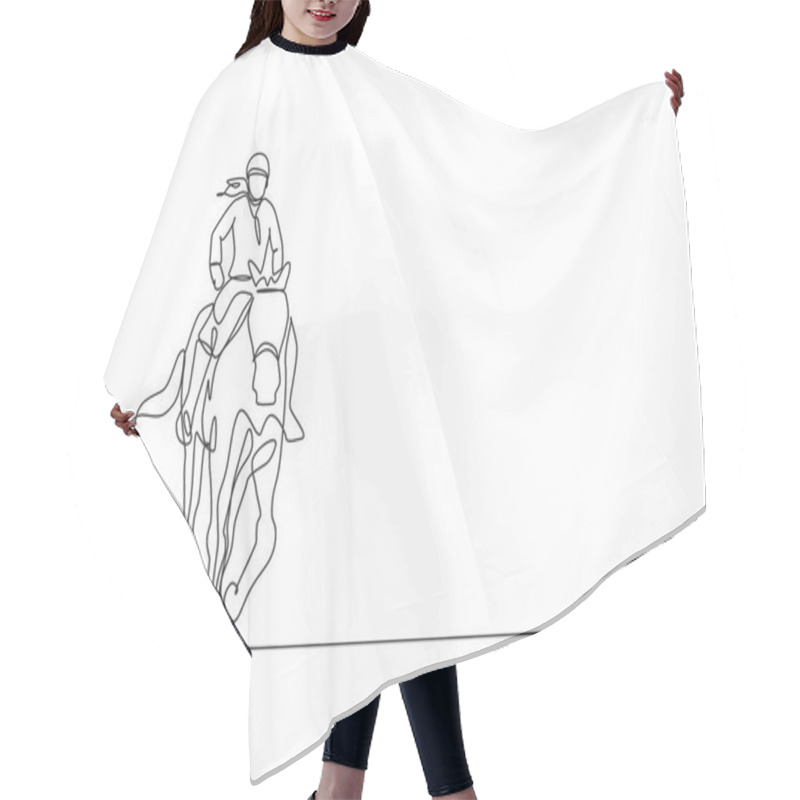 Personality  One Single Line Drawing Of Young Horse Rider Woman Performing Dressage Test Vector Graphic Illustration. Equestrian Sport Show Competition Concept. Modern Continuous Line Draw Design Hair Cutting Cape