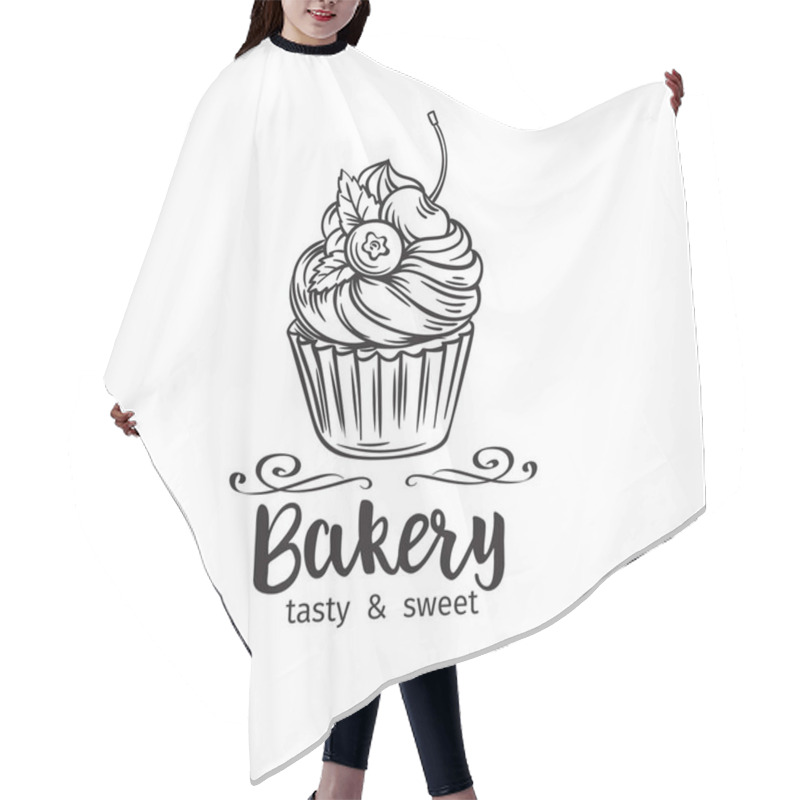 Personality  Vector Cupcake. Badge Bakery For Template Label, Packing And Emblem Cafe And Confectionery Design. Retro Sketch Style. Hair Cutting Cape