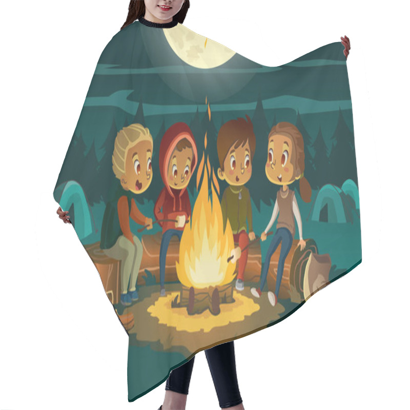 Personality  Kids Camping In The Forest At Night Near Big Fire. Children Sitting In A Circle, Tell Scary Stories And Roast Marshmallows. Tents In The Background. Adventure And Exploration Concept. Vector Hair Cutting Cape