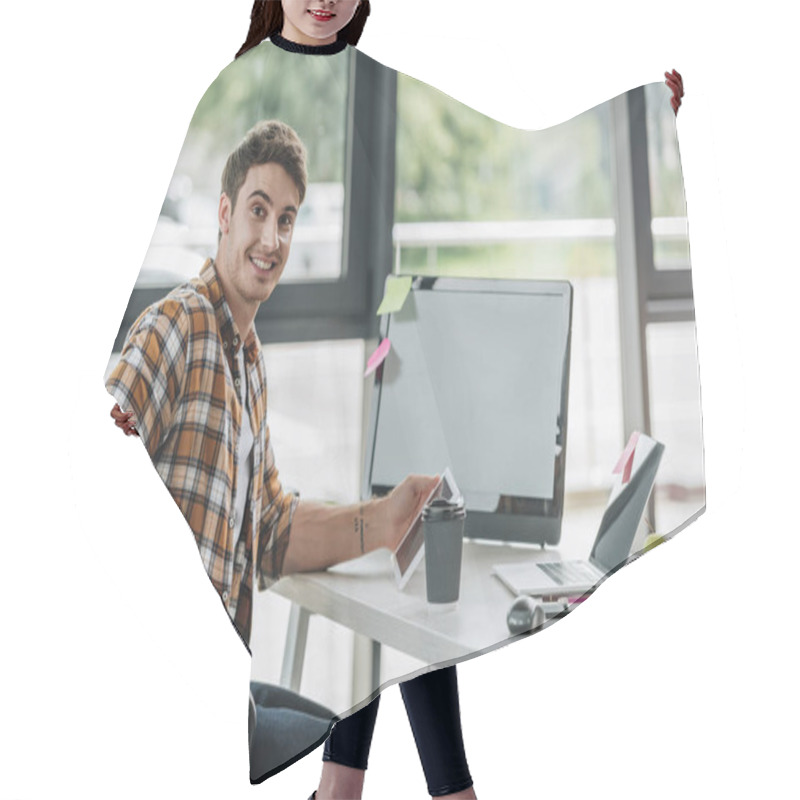 Personality  Happy Programmer Smiling At Camera While Sitting Near Computer Monitor In Office Hair Cutting Cape