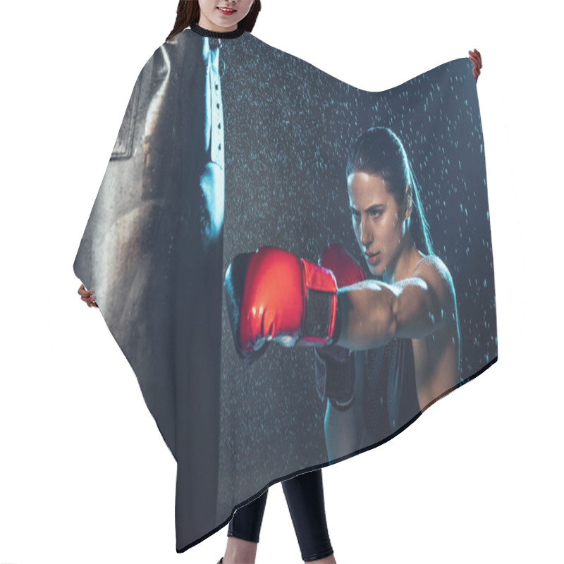 Personality  Strong Boxer In Red Boxing Gloves Training Under Water Drops On Black Hair Cutting Cape