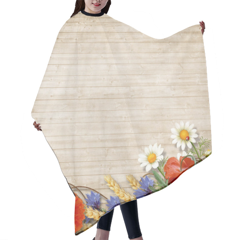 Personality  Wild Flowers With Spikelets On A Wooden Background Hair Cutting Cape