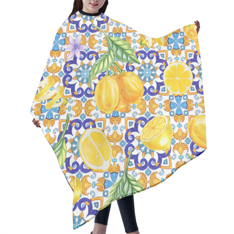 Personality  Mediterranean Seamless Pattern. Blue Majolica Tiles And Yellow Lemons Endless Background. Sicilian Traditional Print For Fabric And Wallpaper. Blue Azulejo. Hair Cutting Cape