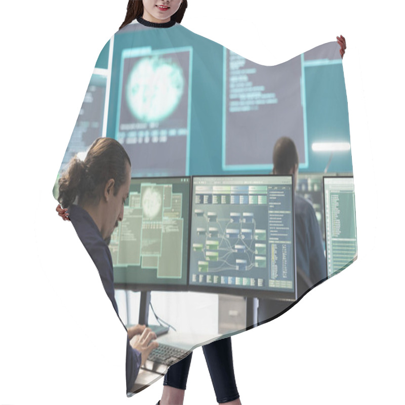 Personality  Professional IT Expert Working In A Governmental Security Operations Center, Analyzing Data On A Big Screen. Highlighting The Importance Of Cyber Security Monitoring And Threat Analysis. Hair Cutting Cape